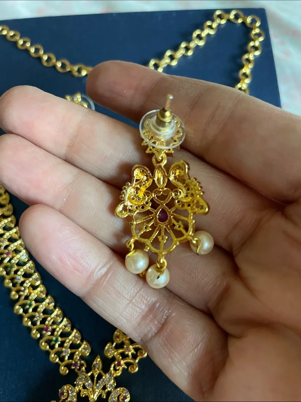 Gold Filigree Pendant Necklace and Earring Set with Pink & Green Accents